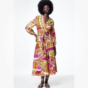New Zara printed midi dress floral geometric pattern size small